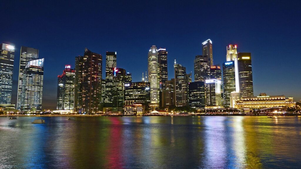 Home skyline, cityscape, buildings, skyscrapers, illuminated, city lights, city, nature, waterfront, office buildings, financial district, business district, urban, metropolitan, infrastructures, singapore river, water, river, reflection, towers, night sky